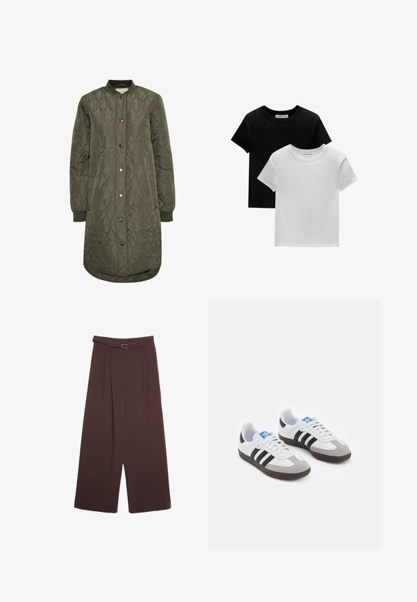 Vadderad lång kappa i olivgrönt, med rund krage, tryckknappsstängning och ribbade manchetter. Slät, strukturerad tyg med diamantsmönster.; Två crew-neck t-shirts i svart och vitt, tillverkade av bomull. De har korta ärmar och ett enfärgat mönster utan mönster eller accentuerade detaljer.; Stradivarius WIDE-LEG WITH BUCKLE DETAIL - Tygbyxor - dark brown; Sportskor med överdel i vit läder, grå mocka på tårna och tre svarta ränder. Har en blå logotyp på tungan och en texturerad gummisula.