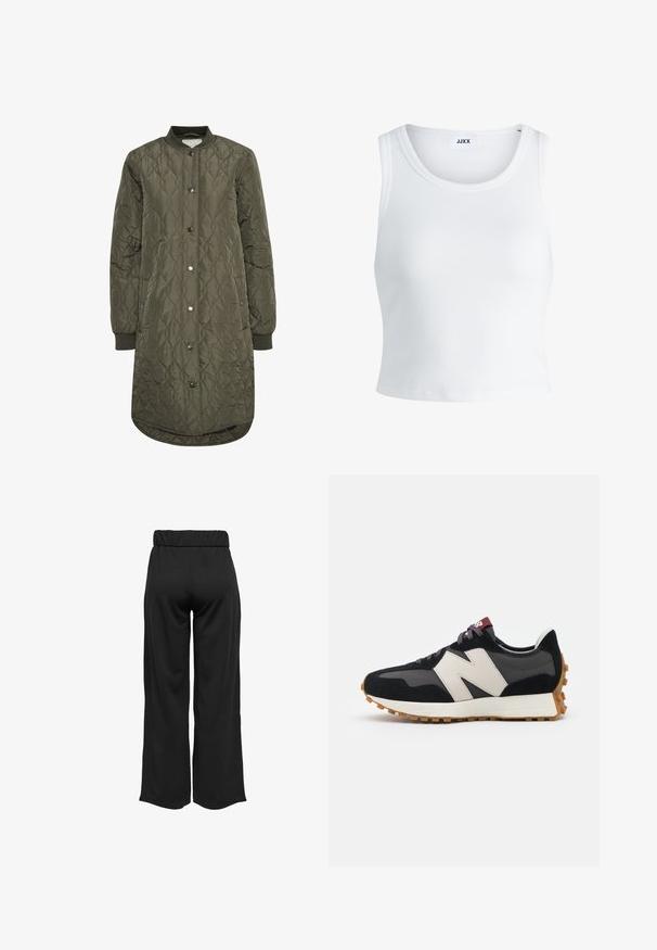Gepolsterter langer Mantel in Olivgrün mit runder Kragen, Druckknopfverschluss und gerippten Bündchen. Glattes, strukturiertes Material mit einem Diamantmuster.; Weißes, geripptes Tanktop mit rundem Halsausschnitt, ärmellosem Design und kurzer Länge. Das Etikett trägt die Aufschrift "JJXX". Glatte Stoffstruktur.; Schwarze, weit geschnittene Hose mit elastischem Bund, aus glattem Stoff gefertigt. Hat ein cleanes Design ohne Taschen oder sichtbare Nähte.; Schwarze und graue Wildledersneaker mit einem großen cremefarbenen "N"-Logo, lila Schnürsenkeln und einer strukturierten Gummisohle.