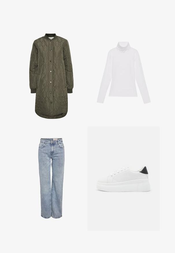 Cappotto lungo trapuntato in verde oliva, con colletto rotondo, chiusura con bottoni a pressione e polsini a costine. Tessuto liscio e testurizzato con motivo a diamante.; Maglia a maniche lunghe bianca a collo alto realizzata in tessuto morbido ed elastico. Presenta un colletto alto e un design aderente, senza motivi o decorazioni visibili.; Jeans a gamba larga di colore azzurro chiaro realizzati in denim, con vita alta, design a cinque tasche e leggera scoloritura per un aspetto vissuto.; Sneakers platform bianchi realizzati in materiale sintetico liscio, con punta arrotondata, design con lacci e suola in gomma texture. Accento nero nel tallone.