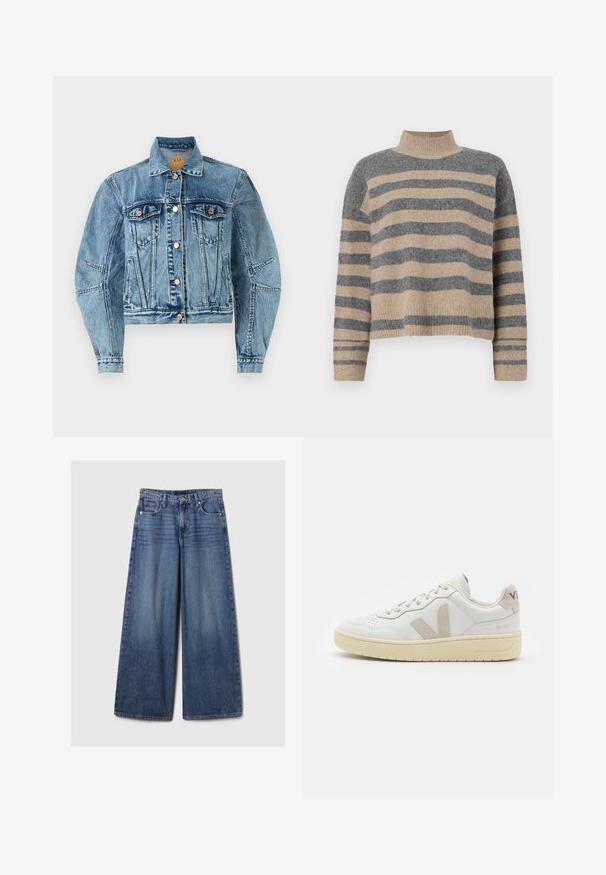 Vidutinio mėlynumo džinsinis švarkas su trumpu dizainu, turintis dvi krūtinkaulio kišenes, vario mygtukus ir matomus siuvimo detalių akcentus.; Dryžuotas mezginys su pilkos ir smėlio spalvomis, aukštu kaklu, plačiomis rankovėmis su atvartais ir laisvu siluetu, trumpesnio ilgio.; Platus mėlynos džinsinės kelnės su išblukusiu paviršiumi, su mygtukų ir užtrauktuko uždarymu, penkiomis kišenėmis ir diržo kilpomis.; Balti odiniai sportbačiai su kreminiais zomšos akcentais, perforuota pirštų dalimi, plokščiomis raišteliais ir struktūruota kreminėmis padomis. Ant kulno yra subtilus ženklinimas.