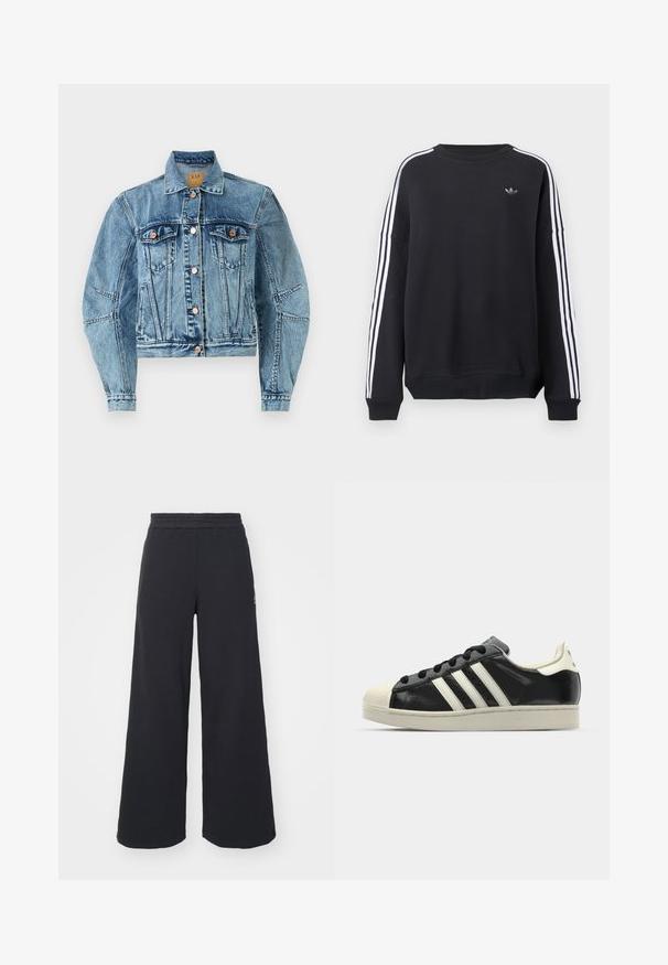 Denim jacket in medium blue with a cropped design, featuring two chest pockets, copper buttons, and visible stitching details.; Black sweatshirt with long sleeves, white stripes running down each arm, and a small gray logo on the chest. Cotton material, casual fit.; Black wide-leg sweatpants made from soft fabric, featuring an elastic waistband and a small logo on the left side.; Black leather sneaker with white stripes, rubber toe cap, black laces, and a cream-colored outsole. Smooth texture with shiny finish.