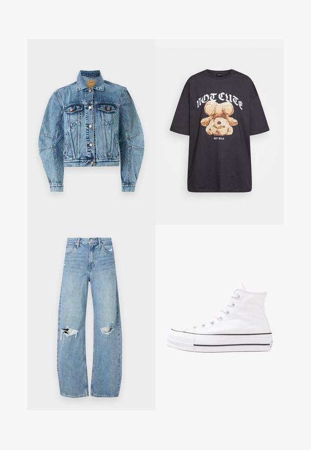 Denimjakke i middels blå med en kort design, som har to brystlommer, kobberknapper og synlige sømdetaljer.; Svart oversized t-skjorte med en grafikk av en bjørn og teksten "IKKE SØT, MEN VILL" i fet, hvit skrift. Laget av bomull.; Lyseblå høytlivsjeans laget av denim. Har vide bein, to revne knær og klassisk fem-lommers design.; Hvit høy-skinn kanvas sneakers med svart gummisåle, gummitåhette foran og seks hull for snorer, med et rent, minimalistisk design.