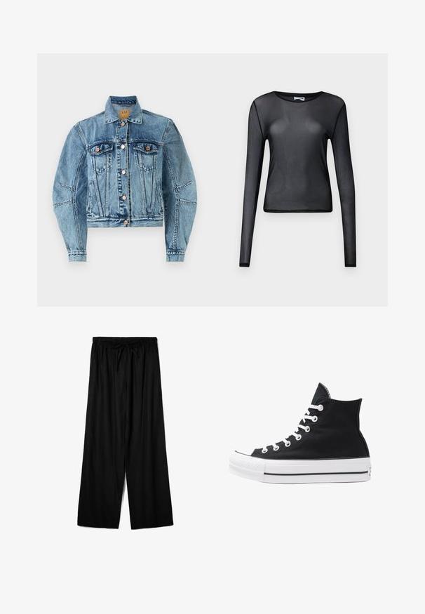 Denim jakna v srednji modri barvi s skrajšanim dizajnom, ki ima dvojna žepa na prsih, bakrene gumbe in vidne šive.; Črna dolga rokavična majica iz prosojnega materiala, z okroglim izrezom in slim fit krojem, z natančno obrobljenimi robovi.; Črne široke hlače iz lahkega blaga, z elastičnim pasom in vrvico za prilagodljivo prileganje. Gladka tekstura.; Visoke črne platnene superge z belimi režami, vezalkami in gumijastim podplatom. Ponašajo se z teksturiranim zaščitnikom za prste in črno-belimi črtami.