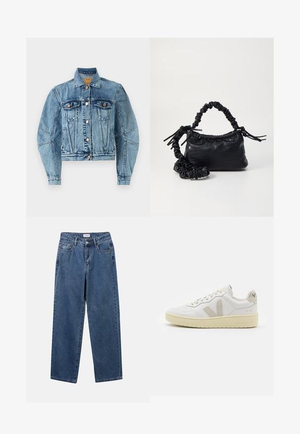 Jachetă din denim de culoare albastră medie, cu un design scurt, având două buzunare pe piept, butoane din cupru și detalii de cusătură vizibile.; Top scurt din material tricotat de culoare albă murdară. Mâneci lungi cu textură cu rigle și mici decupaje în jurul gâtului.; Jeans clasice din denim albastru, cu un design drept, cinci buzunare și închidere cu nasture. Prezentând o spălare medie și o textură rezistentă.; Pantofii sport din piele albă cu accente din suede bej, cutie pentru degete perforată, șireturi plate și o talpă texturată de crem. Prezintă branding subtil pe călcâi.; Geantă din faux leather neagră cu textură de crocodil, cu partea superioară strânsă și o curea mototolită. Pare moale și compactă ca design.