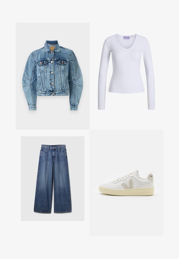 Keskmise sinise värvusega teksajakk, millel on lühendatud disain, kahe rinna tasku, pronksnupud ja nähtavad õmblustead. ; Valge pikkade varrukatega särk, millel on sooniktekstuur ja V-kaelus. Suletud sildiga, millega on nähtav brändi nimi "JJXX."; Laiad sinised denimpüksid, millel on pleekinud viimistlus, nupp ja lukuga sulgemine, viis taskut ning vööaasad.; Valge nahast tenniseking, millel on beežist siidist aktsent ja aukudega varvas, lame paelad ja tekstureeritud koorevärvi tallad. Omab nüansirikast brändimist kannal.