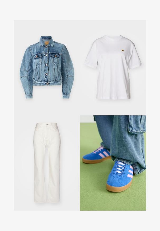 Jeansjacka i mellanblått med en kortad design, som har två bröstfickor, kopparfärgade knappar och synliga sömdetaljer.; Vit bomull t-shirt med avslappnad passform, korta ärmar och en liten broderad logotyp på vänster bröstområde.; Vita denimbyxor med hög midja och vida ben. Har en knapp- och dragkedjeslutning, bältesloopar och subtila sömdetaljer.; Blå mockaskor med rosa ränder och vita snören, med en sula av gummigummi, kombinerat med lösa denimbyxor på en grön yta.