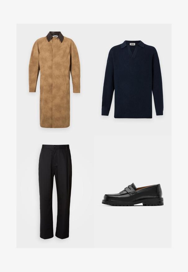 Kamelfärgad mockajacka med brunt läderkrage, långa ärmar, sidofickor och rak skärning. Slät textur med minimal detaljering.; Marinblå ribbad tröja med V-ringning, kort krage och långa ärmar. Tillverkad av mjukt material med en texturerad yta.; Svarta byxor med rak passform, tillverkade av lättviktsmaterial. Har en knappsydd stängning fram och två sidofickor; slät textur.; Svarta läderloafers har en upphöjd söm, två dekorativa remmar på ovansidan och en tjock texturerad sula för ökat grepp.