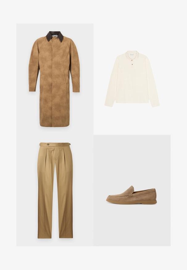 Tan suede coat with a brown leather collar, long sleeves, side pockets, and a straight cut design. Smooth texture with minimal detailing.; Long-sleeve polo shirt in cream, featuring a flat collar, three-button placket with gold-tone buttons, and a soft, textured fabric.; Beige trousers with a straight fit, featuring pleats, a button closure, and belt loops. Smooth fabric with a clean, tailored look.; Brown suede slip-on loafers with a smooth texture and stitched detailing; features a rubber sole for traction.