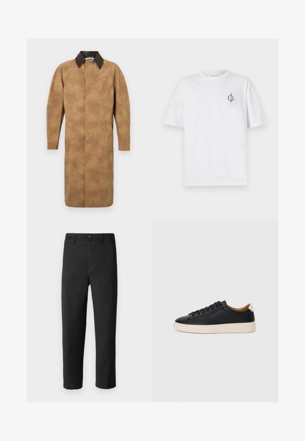 Palton din suede deschis la culoare, cu guler din piele maro, mâneci lungi, buzunare laterale și un design drept. Textură netedă, cu detalii minime.; Tricou alb din bumbac cu o croială lejeră, având un mic logo grafic negru în zona stângă a pieptului. Mâneci scurte, stil guler rotund.; Pantaloni negri cu o croială dreaptă, fabricați dintr-un material neted. Prezintă un închidere cu nasture și bucle pentru curea. Fără modele sau accente vizibile.; Căști din piele neagră cu o textură netedă, talpă din cauciuc bej, design cu șireturi și un accent contrastant la călcâi.