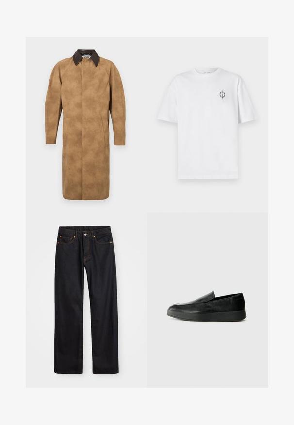 Karmelowy zamszowy płaszcz z brązowym skórzanym kołnierzem, długimi rękawami, kieszeniami bocznymi i prostym krojem. Gładka faktura z minimalnymi detalami.; Biała bawełniana koszulka o luźnym kroju, z małym czarnym graficznym logo na lewej piersi. Krótkie rękawy, klasyczny okrągły dekolt.; Męskie jeansy w prostym kroju, czarne, z pięcioma kieszeniami oraz pomarańczowymi strefami, z zapięciem na guzik i zamek z przodu w pasie.; Calvin Klein HYBRID CUP czarny