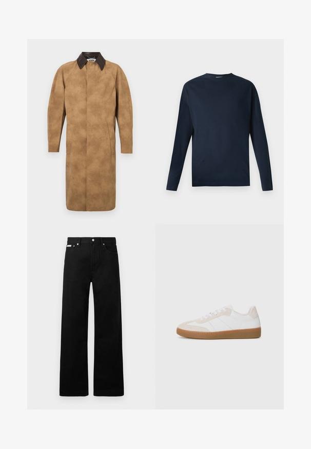 Vaaleanruskea mokkakangastakki, jossa on ruskea nahkakaulus, pitkät hihat, sivutaskut ja suora leikkaus. Sileä pinta, jossa on minimaalinen yksityiskohtaisuus.; T-paita, jossa on pitkät hihat ja merensininen väri, valmistettu puuvillasta. Ominaisuuksiin kuuluu pyöreä pääntie ja suora helma. Pintarakenteeltaan sileä ilman näkyviä kuvioita tai varusteita.; Mustat farkut leveällä lahkeella, joissa on viisi taskua ja metalliset napit. Sileä pinta, ei näkyviä kuvioita.; Valkoiset ja beige sneakersit, joissa on mokka- ja nahkaelementtejä. Varustettu kumipohjalla, nyörityssuunnittelulla ja minimalistisilla sivuviivoilla.