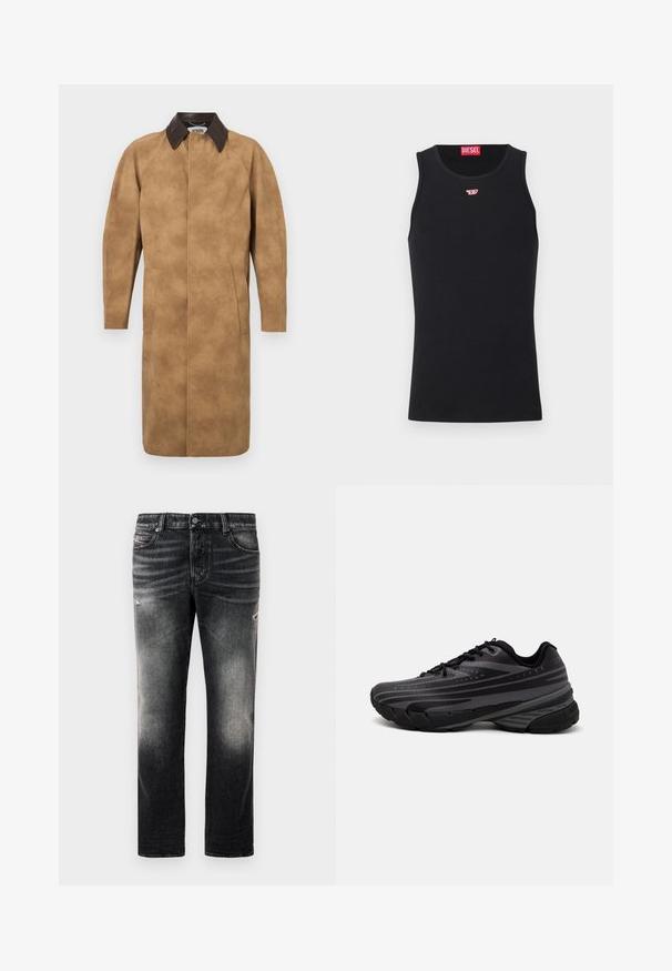 Cappotto in suede color sabbia con colletto in pelle marrone, maniche lunghe, tasche laterali e design a taglio dritto. Texture liscia con dettagli minimi.; Top senza maniche nero realizzato in tessuto liscio, con scollatura rotonda e aperture per le braccia, e un piccolo logo rosso sul petto. Design semplice.; Jeans neri con una finitura sbiadita e dettagli strappati, design standard a cinque tasche e chiusura con zip. Realizzati in tessuto denim.; Scarpa da corsa nera con un upper testurizzato e strisce grigie. Suola spessa per un'ammortizzazione ottimale, punta rotonda e lacci piatti per una vestibilità sicura.