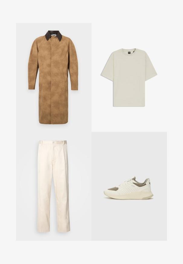 Vaaleanruskea mokkakangastakki, jossa on ruskea nahkakaulus, pitkät hihat, sivutaskut ja suora leikkaus. Sileä pinta, jossa on minimaalinen yksityiskohtaisuus.; Vaaleanbeige t-paita, joka on valmistettu pehmeästä puuvillasta ja jossa on rento malli, pyöreä kaula-aukko ja lyhyet hihat. Ei näkyviä kuvioita tai yksityiskohtia.; Vaaleanbeige puuvillahousut, joissa on suora lahje, varustettu nappisulkeisella ja etupuolella olevilla laskoksilla lisäyksinä.; Valkoinen ja vaaleanbeige urheilukengät, joissa on verkkomateriaali yläosa, rei'itettyjä yksityiskohtia ja teksturoitu välipohja, jossa on brändäys kantapäässä.