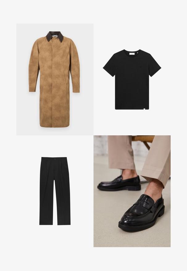 Cappotto in suede color sabbia con colletto in pelle marrone, maniche lunghe, tasche laterali e design a taglio dritto. Texture liscia con dettagli minimi.; T-shirt nera a maniche corte in cotone, con scollatura rotonda e un piccolo logo ricamato sul petto. Tessuto liscio, vestibilità standard.; Pantaloni neri con un design a gamba dritta, realizzati in un tessuto liscio. Presentano pieghe frontali e una chiusura a un bottone in vita.; Mocassini in pelle nera con finitura liscia, dotati di una cintura decorativa e cuciture a contrasto, abbinati a pantaloni beige.