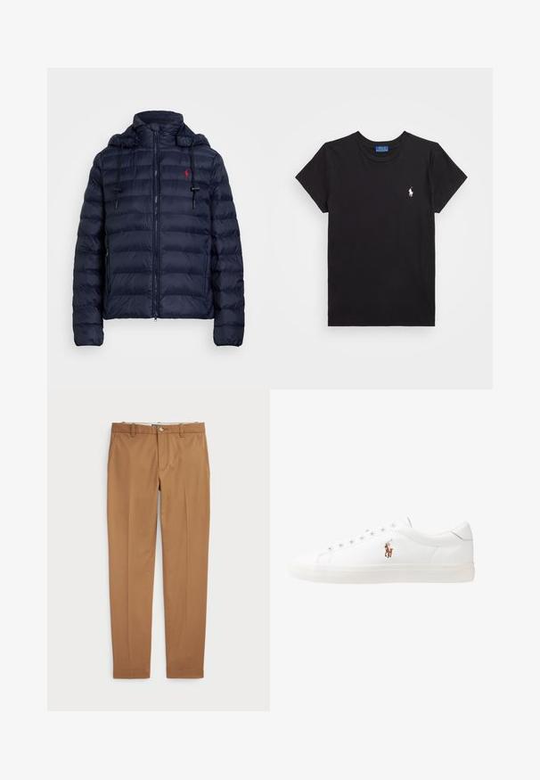 Casaco puffer azul-marinho com fecho de zip, capuz destacável, punhos elásticos e logótipo vermelho no lado esquerdo do peito. Apresenta textura acolchoada e capuz forrado.; T-shirt de algodão preto com decote redondo, mangas curtas e um logótipo bordado branco no lado esquerdo do peito. Textura suave, design casual.; Calças de algodão castanhas com um design slim-fit, frente lisa e bolsos standard; textura suave e bainhas com acabamento.; Sapatilhas de couro brancas, design de cano baixo, com textura suave, biqueira redonda, atacadores à frente e um pequeno logótipo bordado na lateral.