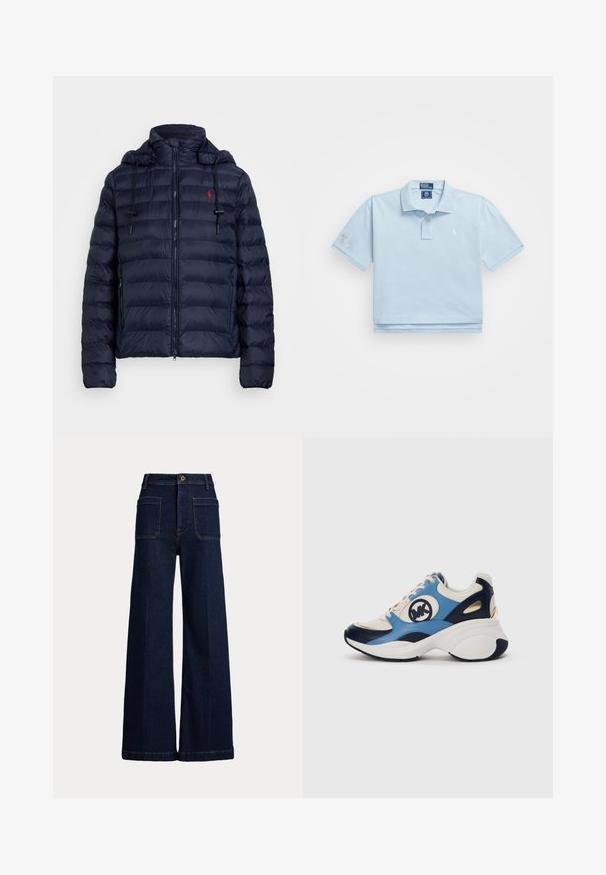 Tamsiai mėlynas pūkinis švarkas su užtrauktuku, nuimamą kaptuvą, elastinėmis rankovėmis ir raudonu logotipu kairėje krūtinės pusėje. Yra siuvinėta tekstūra ir pamuštas kaptuvas.; Šviesiai mėlynas polo marškinėlis, pagamintas iš medvilnės. Turi apykaklę, dvi mygtukų eiles ir mažą logotipą ant krūtinės. Trumpomis rankovėmis, viena iš jų su aplikacija.; Plati kojų tamsiai mėlynos džinsinės kelnės su aukštu liemeniu, penkių kišenių dizainu ir kontrastingomis siūlėmis. Yra mygtuko uždarymas ir struktūrizuota forma.; Balti, tamsiai mėlyni ir šviesiai mėlyni suede sportbačiai su masyviu padu ir apvaliu siuvinėtu logotipu šone.