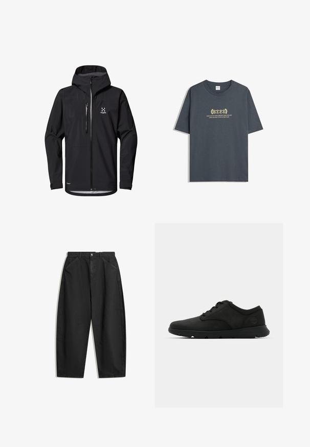 Giacca nera impermeabile con zip sul davanti, cappuccio regolabile e polsini elastici. Caratterizzata da due tasche frontali e un logo sulla parte superiore sinistra.; T-shirt di cotone grigio scuro con maniche corte, colletto tondo e testo giallo in un carattere decorativo con un design a alloro.; Pantaloni neri a gamba larga in cotone, caratterizzati da vita alta, tasche frontali e dettagli di cucitura sottili. Texture liscia senza fantasie.; Scarpe nere stringate con tomaia in pelle liscia, punta arrotondata e suola imbottita. Presentano un logo discreto sul tallone.