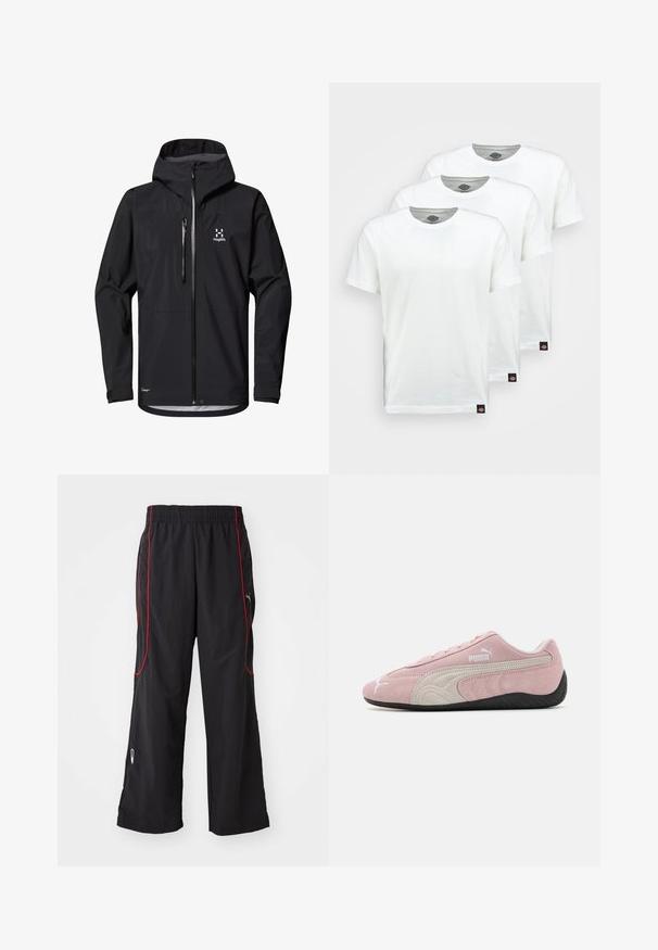 Zwarte waterdichte jas met een doorlopende rits, verstelbare capuchon en elastische manchetten. Beschikt over twee vo pockets en een logo aan de bovenlinkerkant.; Drie eenvoudige witte katoenen T-shirts met korte mouwen. Elk shirt heeft een ronde halslijn en een klein zwart logo-label aan de linkerkant.; Zwarte sportbroek met een elastische taille, rode zijkanten, ritszakken en een losse pasvorm. Gemaakt van lichtgewicht, gestructureerd materiaal.; Roze suedine sneaker met grijze accenten, gestroomlijnd ontwerp, textuur upper en zwarte rubberen zool. Kenmerkt het Puma-logo aan de zijkant.