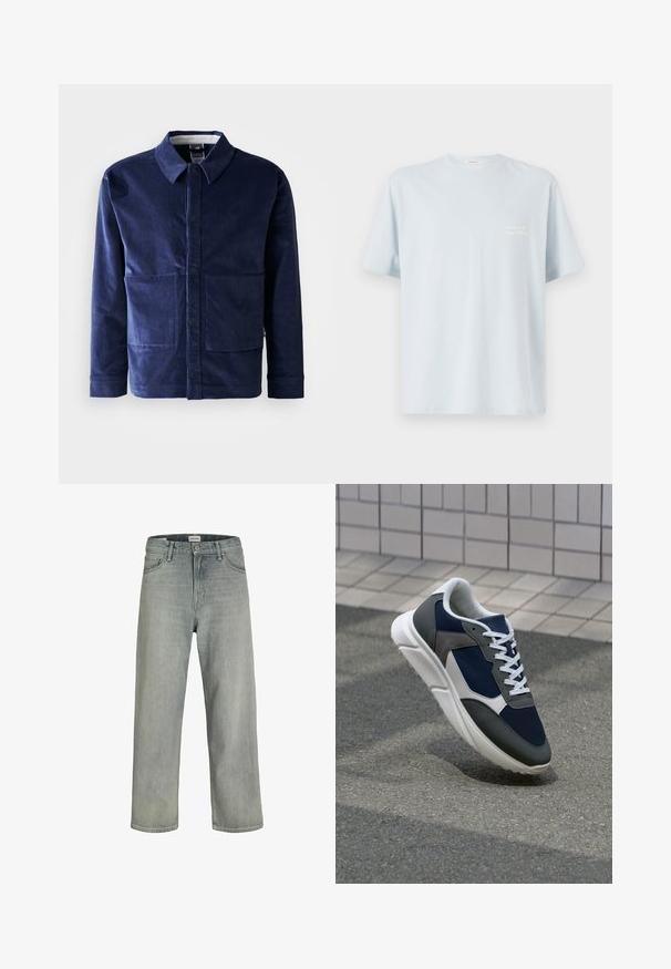 Marineblå kordfløyelsjakke med knappestolpe foran, spiss krage og to store frontlommer. Glatt tekstur og skreddersydd passform.; Lys blå bomull t-skjorte med rund hals og korte ermer. Har en liten hvit logo på venstre brystområde. Glatt tekstur.; Lys grå, løstsittende jeans laget av denim. Har en klassisk fem-lomme-design, beltehemper og en rett ben-silhuett.; Sneakers med en navy blå mesh-overdel, grå sømværk, hvit gummisåle og flate hvite snører, designet for komfort og pusteevne.