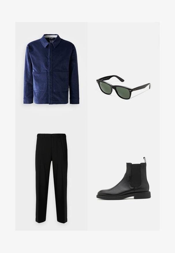 Mörkblå kordjacka med knappstängning, spetsig krage och två stora framfickor. Slät textur och skräddarsydd passform.; Vinröd långärmad polo med krämfärgad krage och ärmslut, knäppt knäppning och cirkulär "Förbjuden Berlin"-logotyp på vänster bröst.; Svarta byxor i slätt tyg, med rak skärning, två framfickor och dragkedja med knappstängning.; Svart läderankleboot med slät yta, elastiska sidopaneler och dragtab. Rund tå och platt gummisul med minimal profil.; Svarta plastsolglasögon med gröna linser, fyrkantiga bågar, silverdetalj på ögonbrynet och texturerade skalmar. Angiven märkning på den inre skalmen.