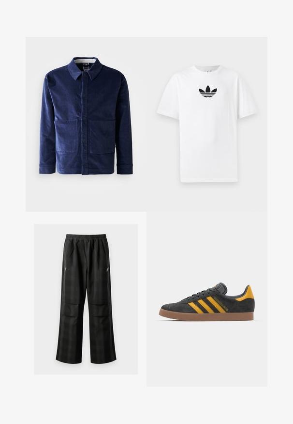 Jakna od tamnoplave korduroy tkanine s dugmadi sprijeda, šiljastim kragnom i dvije velike prednje džepove. Glatka tekstura i kroj prilagođen tijelu.; Bijela pamučna majica s crnim Adidas logom u centru. Kratki rukavi i dizajn s okruglim izrezom. Glatka tekstura.; Crne karirane hlače s elastičnom urezom, dva prednja džepa i ležernim krojem s ravnim nogavicama. Izrađene su od laganog materijala.; Crne nubuk tenisice s žutim detaljima, sa tri pruge i smešnim gumenim potplatom. Imaju jastučić na jeziku za udobnost.