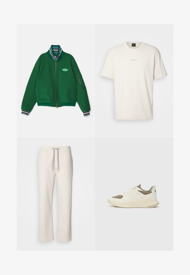 Green zip-up jacket made from soft fabric, featuring a high collar with striped accents, two front pockets, and a branded patch.; BOSS TEE - Basic T-shirt - open white; Cream-colored casual pants with a drawstring waist and straight legs, displayed against a plain white background.; White and light beige athletic sneaker, featuring a mesh upper, perforated detailing, and a textured midsole with branding on the heel.