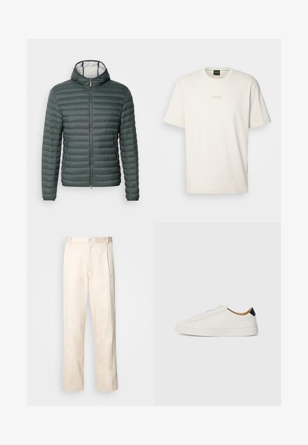 Vadderad jacka i mörkgrön med en figursydd huva, dragkedja fram och två sidofickor. Slät textur med horisontell kviltmönster.; BOSS TEE - T-shirt - bas - open white; Beiga bomullbyxor med rak benform, utrustade med knappstängning och veck framtill för extra detalj.; Vit sneaker med ett slätt läderöverdrag, rund tå och platt sula. Svart detalj vid hälen, med tonade snörning och minimal märkning.