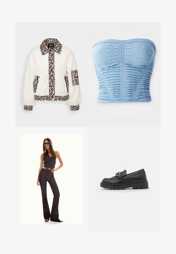 Bijela flis jakna s naglascima u uzorku leoparda na ovratniku, prednjem zipu, džepovima i manžetama. Ima kopčanje na dugmad i opuštenu siluetu.; Svijetloplava bezramena bluzica, s teksturiranim cvjetnim uzorcima, skupljenim materijalom i prilagođenim oblikom s vertikalnim šavnim detaljima.; Smeđi prugasti skraćeni prsluk i široke hlače, s dugmadi i teksturiranom tkaninom. Crne sandale s otvorenom petom i naočale za sunce velikog okvira.; Crne mokasine s debelim platformom, glatka kožna gornja strana, dekorativni lanac, i blagi potplat s udubljenim detaljem.