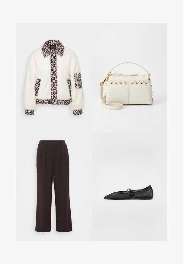 Hvid fleecejakke med leopardprint detaljer på krave, frontlåg, lommer og manchetter. Har knaplukning og afslappet pasform.; Even&Odd Petite 2 PACK - Top - light grey/black; Mørkebrune breddebenede bukser med pressefald, lavet af glat stof. Har en ensfarvet design og elastisk talje for komfort.; Sort flad sko med spids tå, meshuv der og lakerede detaljer. Har en tynd strop med en cirkulær hardware detalje.; Hvid faux læder taske med en lynlås i toppen, et kort håndtag og en aftagelig crossbody-rem med guldfarvet hardware. Side snøring detalje.; Sølv hoop ørestik med en poleret overflade, prydet med små guld accenter og en rund form, båret på øreflippen.