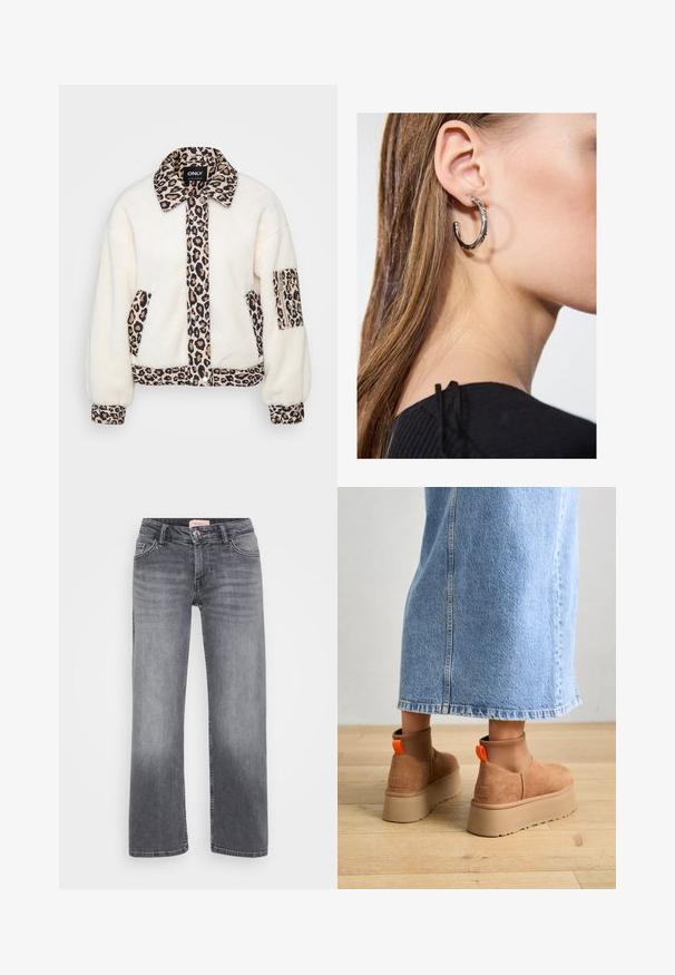 Hvid fleecejakke med leopardprint detaljer på krave, frontlåg, lommer og manchetter. Har knaplukning og afslappet pasform.; Even&Odd Petite 2 PACK - Top - light grey/black; Grå denim jeans med lige bendesign, fem-lommestil, subtil fading og trykknaplukning i taljen.; Brune ruskinds platform støvler med elastiske sidepaneler og orange trækstropper, parret med en knælang lys denimnederdel på et trægulv.; Sølv hoop ørestik med en poleret overflade, prydet med små guld accenter og en rund form, båret på øreflippen.