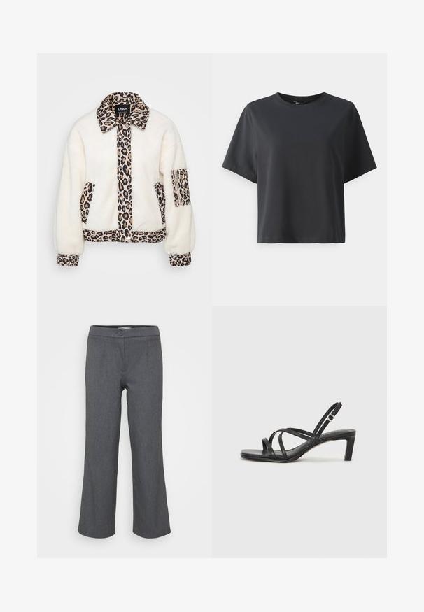 Balta vilnas jaka ar leopardu raksta akcentiem uz apkakles, priekšējā daļa, kabatām un piedurknēm. Iespēja aizdarīt ar pogām un brīva piegriezuma.; Melnas kokvilnas t-krekls, īsām piedurknēm, apaļš kakls, brīvs piegriezums, gluda tekstūra, vienkāršs dizains, bez rakstiem vai akcentiem.; Pelēki, piegriezti bikses ar gludu jostasvietu, vienu pogu aizdari un platu kāju griezumu. Gluda tekstūra ar smalku austu rakstu.; Melnas strappy sandales ar kvadrātveida purngaliem un zemu bloku papēdi. Ievērojamas ar vairākiem plāniem siksniņām un regulējamu potītes siksniņu. Izgatavotas no gludas ādas.