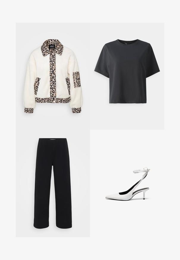 Hvid fleecejakke med leopardprint detaljer på krave, frontlåg, lommer og manchetter. Har knaplukning og afslappet pasform.; Sort bomulds t-shirt, korte ærmer, rund hals, afslappet pasform, glat tekstur, enkelt design, ingen mønstre eller accenter.; Sorte vide bukser med elastisk talje. Fremstillet af et tekstureret materiale, der har en løs pasform og lige snit fra hofterne til kanten.; Hvide spidse slingback hæle med en tynd ankelrem. Glat lædermateriale, tynd stilethæl og en sort inderside.