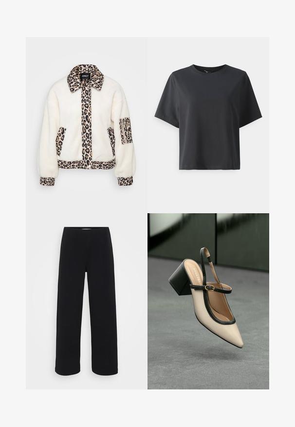 Weiße Fleece-Jacke mit Akzenten aus Leopardenmuster an Kragen, Vorderblende, Taschen und Bündchen. Verfügt über einen Knopfverschluss und eine lockere Passform.; Schwarzes Baumwoll-T-Shirt, kurze Ärmel, Rundhalsausschnitt, lässige Passform, glatte Textur, einfaches Design, keine Muster oder Akzente.; Schwarze weit geschnittene Hose mit elastischem Bund. Hergestellt aus einem strukturierten Material, mit lockerer Passform und geradem Schnitt von der Hüfte bis zum Saum.; Beige Slingback-Schuh mit spitzer Zehenpartie, schwarzer Umrandung, goldener Schnalle und dicker Blockabsatz auf grauem Boden vor dunklem grünen Hintergrund.
