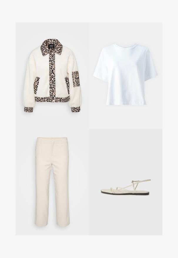 Casaco de fleece branco com detalhes em padrão de leopardo no colarinho, na pala frontal, nos bolsos e nas mangas. Apresenta fecho de botão e um corte descontraído.; T-shirt de algodão branco com decote redondo, mangas curtas, corte solto e textura suave. Não apresenta padrões ou detalhes visíveis.; Calças beige, sob medida, com um design de perna reta, frente lisa e dois bolsos laterais. Feitas de um tecido suave com um acabamento limpo.; Sandália plana bege com várias tiras finas e uma fivela ajustável. A sola é plana com um leve contraste escuro na borda.