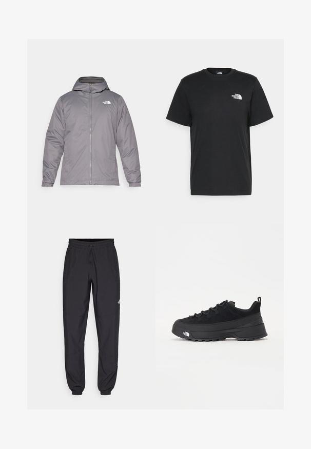Siva izolirana jakna s kapuljačom, prednjim patentnim zatvaračem, elastičnim manžetama i logotipom na gornjem dijelu prsiju. Glatka, vodootporna tkanina.; Crna pamučna majica s kratkim rukavima, okruglim izrezom i malim bijelim logotipom na lijevoj strani prsa. Jednostavan dizajn, glatka tekstura i opušteni kroj.; Crne sportske hlače od lagane tkanine, s pojasom na vezanje, bočnim džepovima i suženim manžetama na gležnjevima.; Crne vanjske tenisice s gornjim dijelom od antilopa, teksturiranim gumenim potplatom i čvrstim sustavom vezanja. Imaju ojačan petni deo i logo brenda sa strane.