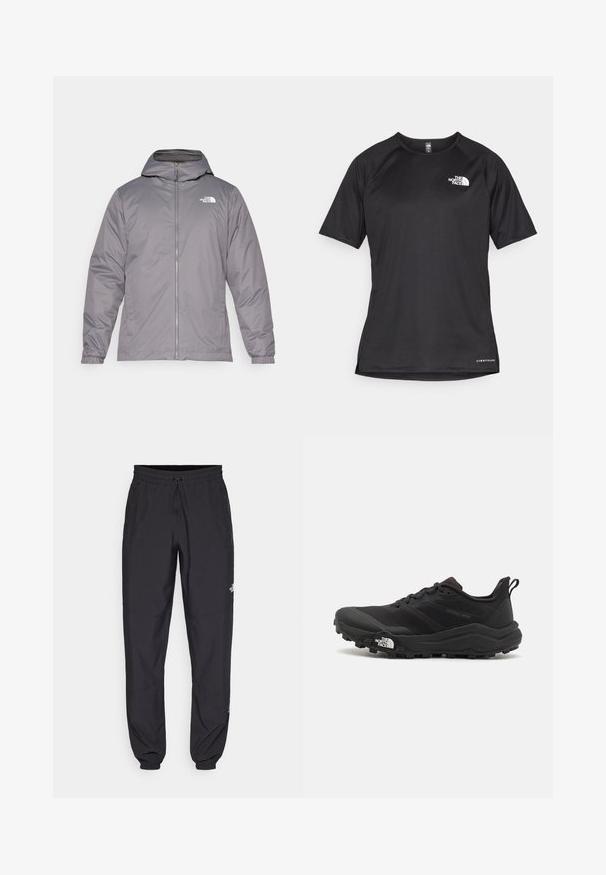 Szara ocieplana kurtka z kapturem, z suwakiem z przodu, elastycznymi mankietami i logo na górnej części klatki piersiowej. Gładka, wodoodporna tkanina.; Czarna, krótkosleeve'owa koszulka sportowa z teksturowanej tkaniny, z białym logo na lewej piersi i prostym dołem.; Czarne spodenki sportowe wykonane z lekkiego materiału, z elastycznym pasem na sznurek, bocznymi kieszeniami i zwężanymi mankietami przy kostkach.; Czarne buty do biegania w terenie z teksturowaną cholewką, gumową podeszwą i wzmocnionym noskiem. Posiadają wyściełany kołnierz oraz uchwyt do łatwego zakładania.