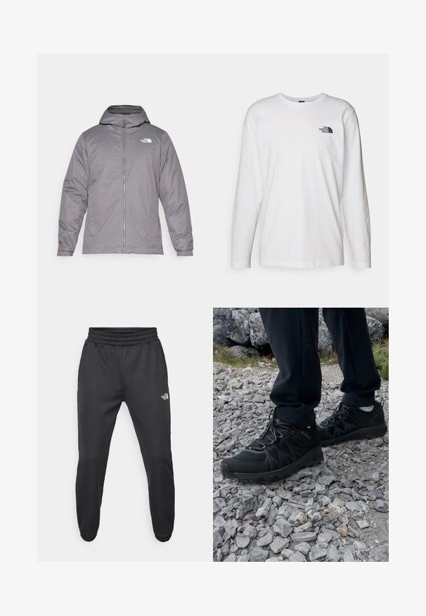 Grijze geïsoleerde jas met een capuchon, frontale rits, elastische manchetten en een logo op de bovenborst. Glad, waterafstotend materiaal.; Witte lange mouwen T-shirt gemaakt van katoen met een ronde hals. Beschikt over een klein zwart logo op de borst. Soepele textuur, normale pasvorm.; Zwarte sweatpants met een trekkoord in de taille, tapered fit, elastische boorden en een klein wit logo op de linker dij, gemaakt van gladde stof.; Zwarte buitenschoenen van mesh en synthetisch materiaal, met een gestructureerd bovenwerk, een beveiligd vetersysteem en een robuuste zool, op een ruig terrein.