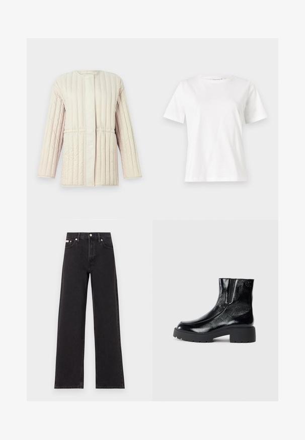 Padded jacket in light beige with vertical quilted pattern, relaxed fit, round neckline, and front snap closure. Soft, textured fabric.; White cotton t-shirt with short sleeves, round neckline, and a relaxed fit. Smooth texture, no patterns or accents, minimalistic design.; Black wide-leg jeans made of denim, featuring a high-rise waist, five-pocket styling, and a metal button closure with contrasting stitching.; Black ankle boots with a glossy patent leather finish, chunky black rubber sole, and raised heel; includes subtle logo detail on the side.