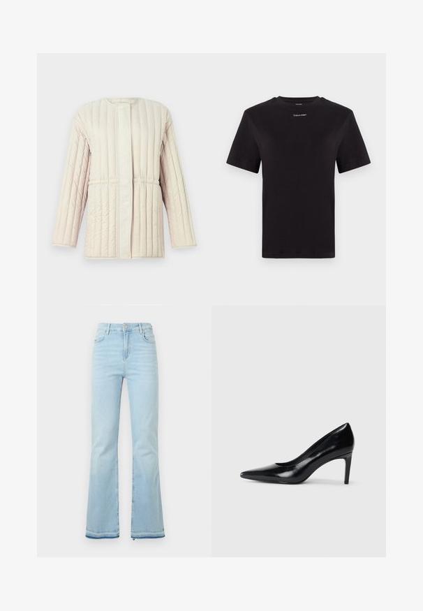 Padded jakna svijetlo bež boje s vertikalnim kviltanim uzorkom, opuštenog kroja, okruglog izreza i kopčanjem na preklop sprijeda. Mekana, teksturirana tkanina.; Crna pamučna majica s kratkim rukavima, okruglim izrezom i malim bijelim logom "Calvin Klein" na prsima. Glatka tekstura, klasičan kroj.; Svijetloplave traperice s širim nogavicama, visokog struka, s prednjim džepovima i sirovim rubom na manžetama za ležeran izgled.; Crna kožna cipela na visokom potpeticu s špicastim prstom, glatke teksture i sužavajućom potpeticom. Minimalistički dizajn, bez dodatnih ukrasa.