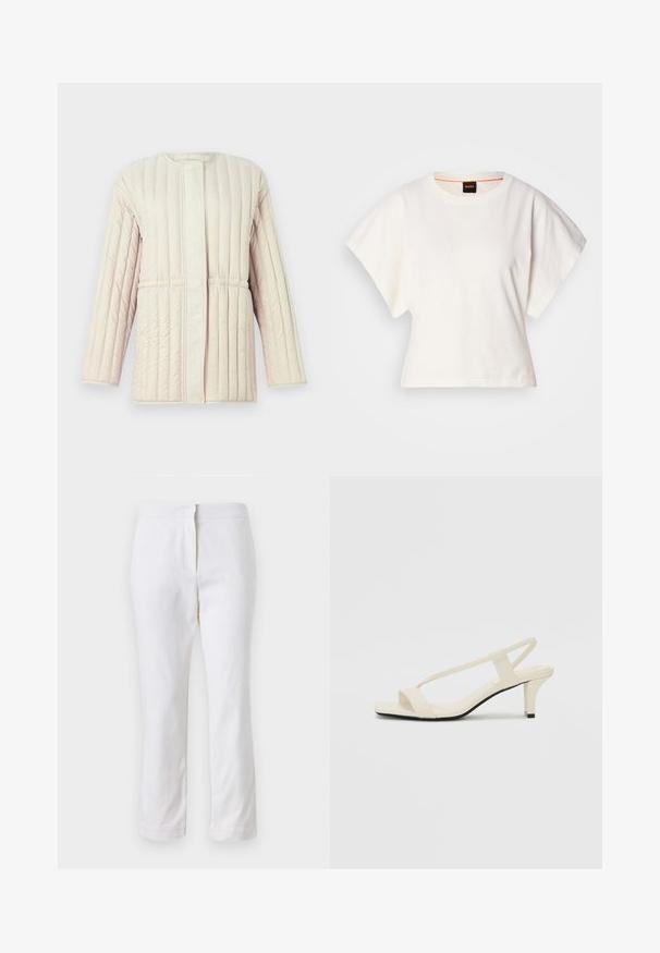 Jachetă căptușită de culoare bej deschis, cu model matlasat vertical, croială lejeră, guler rotund și închidere cu capse în față. Material moale, texturat.; Tricou alb scurt, cu mâneci scurte și largi, din bumbac moale, cu decolteu rotund și un finisaj subtil portocaliu, design minimalist, fără modele sau grafice.; Pantaloni din bumbac alb, cu un design drept, având talie medie și fără hardware sau modele vizibile. Textură uniformă pe întreaga suprafață.; Sandale bej cu toc bloc, cu bretele subțiri și vârf pătrat. Material neted cu detalii minime, concepute pentru a fi ușor de purtat.