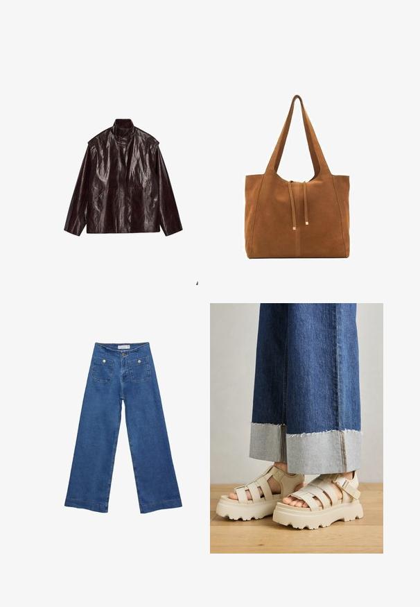 Tmavohnedá lesklá kožená bunda s vysokým golierom, dlhými rukávmi a dvoma prednými vreckami, položená na bielom pozadí.; Biele tričko vyrobené z mäkkého, ľahkého materiálu. Má okrúhly výstrih a krátke, široké rukávy s uvoľneným strihom. Bez viditeľných vzorov.; Džínsy s širokými nohavicami v stredne modrej farbe, s dvoma prednými vreckami na gombíkovné zapínanie a šitými detailmi pozdĺž lemov.; Béžové platformové sandále s hrubými podrážkami majú pruhovaný dizajn a nastaviteľné popruhy okolo členka. Nosené sú s džínsovými nohavicami s širokými nohavicami, pri ktorých je jeden lem rozstrapkaný.; Hnedá semišová taška cez rameno s dvoma dlhými popruhmi, sťahovacou šnúrkou a minimalistickým dizajnom. Hladký povrch a žiadne viditeľné kovové doplnky.