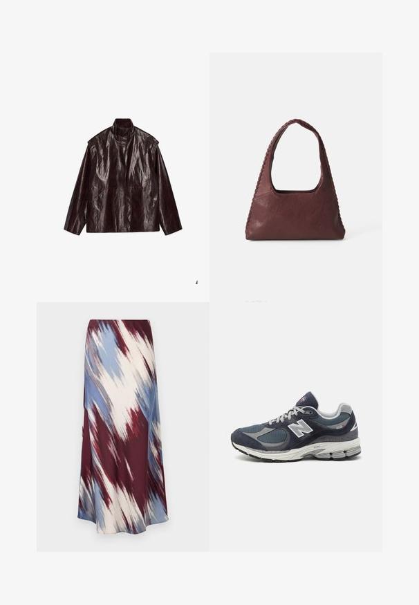 Tumed pruun läikiv nahkjakk kõrge kaelusega, pikkade varrukatega ja kahe ees oleva taskuga, sirutatuna valge taustal.; Burgundi ja valge triibuline pikkade varrukatega polo-särk, millel on krae, kolm nööpauku ja tikitud logo rinnal.; Pikad seelik, millel on diagonaalne tie-dye muster burgundia, sinise ja kreemja värviga, valmistatud pehmest kangast, omades voolavat siluetti ja kerget sära.; New Balancei tennisetud sinise nailonvõrgu ja seemisnahaga, hallide aktsentidega, valgete logodega, pehmendatud tallaga ja tekstuursete detailidega.; Burgundia nahkkott, millel on kolmnurkne kuju, avatud ülemine osa ja palmikdetail käepideme ääres. Sile tekstuur ja matt viimistlus.