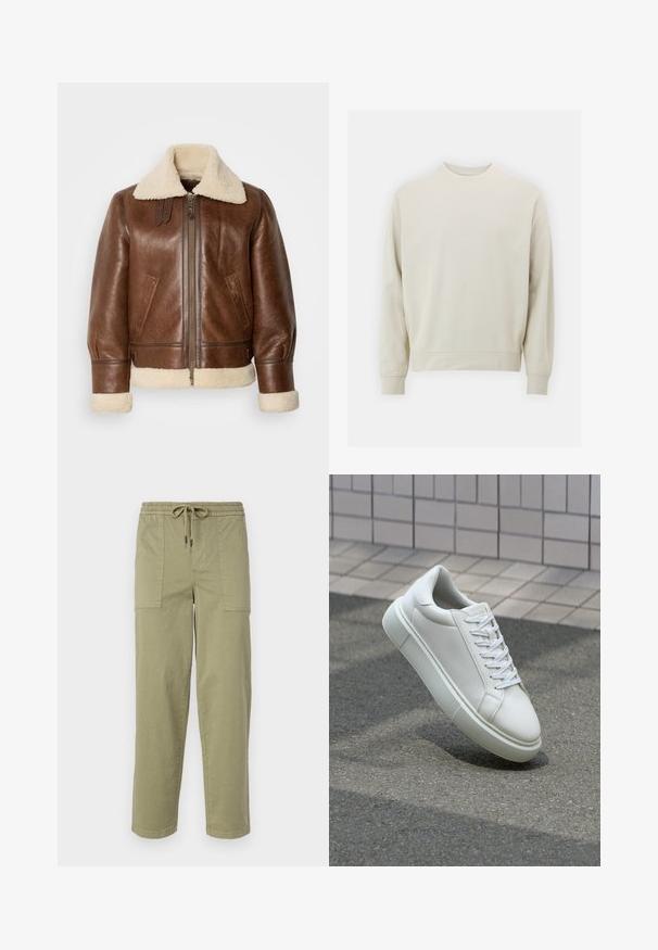 Casaco aviador de pele castanha com um colarinho e punhos de pelagem creme. Apresenta um fecho de correr frontal, bolsos laterais e ombros estruturados.; Sweatshirt bege claro feito de um tecido suave, com decote redondo, mangas compridas e punhos e barra canelados. Design minimalista, sem padrões visíveis.; Calças verde-oliva claras feitas de um tecido de algodão misto, com um cós elástico com cordão e dois bolsos laterais grandes.; Tênis de couro branco com superfície lisa, bico redondo e cadarços brancos planos. Apresenta uma sola de borracha texturizada e elementos de design minimalistas.