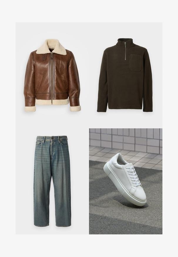 Smeđi kožni pilotski kaput s kremastim krznom na ovratniku i rukavima. Ima prednji zatvarač, bočne džepove i strukturirana ramena.; Smeđi flis pulover s visokim ovratnikom, polu zatvaračem i džepom na prsima. Mekana tekstura i opušteni kroj, s dugim rukavima.; Svijetloplave traperice s širokim krojem, srednjim pojasom i ravnim nogavicama. Ima pet džepova, petlje za remen i kopčanje na gumb.; Bijela kožna tenisica s glatkom površinom, okruglim vrhom i ravnim bijelim vezicama. Ima teksturiran gumeni potplat i minimalne dizajnerske elemente.