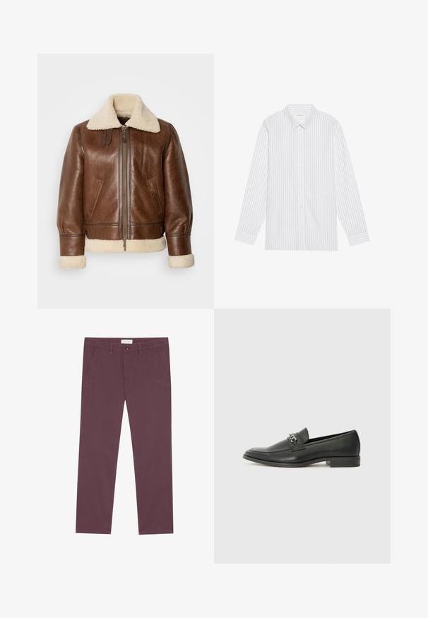 Ruda odinė aviacijos striukė su grietinėlės spalvos avikailio apykakle ir rankogaliais. Turi priekinį užtrauktuką, šonines kišenes ir struktūruotus pečius.; Balta mygtukinė marška su plonomis juodomis vertikaliomis juostelėmis, turinti klasikinį apykaklę ir ilgas rankoves su mygtukais.; Tamsiai raudonos medvilnės kelnes, tiesaus kirpimo, su dviem šoninėmis kišenėmis ir priekiniais mygtukais. Lygus paviršius, be matomų raštų.; Juodos odinės loafer tipo bateliai su lygiu paviršiumi, turintys siuvinėtą dizainą ir dekoratyvų metalo grandinėlės akcentą ant batų viršaus. Plokščias kulnas.