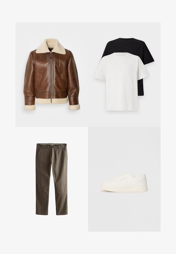 Pruun nahast aviator-jakk, millel on kreemjas karusnaha krae ja mansetid. Omab esimest tõmbluku, küljetaskuid ja struktureeritud õlgu.; Puuvillane t-särkide komplekt, mis sisaldab musta ja valget särk, mõlemad lühikeste varrukatega, ümmarguse kaelusega ja standardse lõikega. Tekstuuriga kangas.; Pruunid puuvillased chinos sirge sääre disainiga, ees taskud ja nupuga sulgemine. Omab siledat tekstuuri ja puhtaid jooni.; Valged libisemiskindlad tossud tekstuuriga pinnaga, paksu tallaga ja minimalistikus disainis. Küljel on brändi logo.