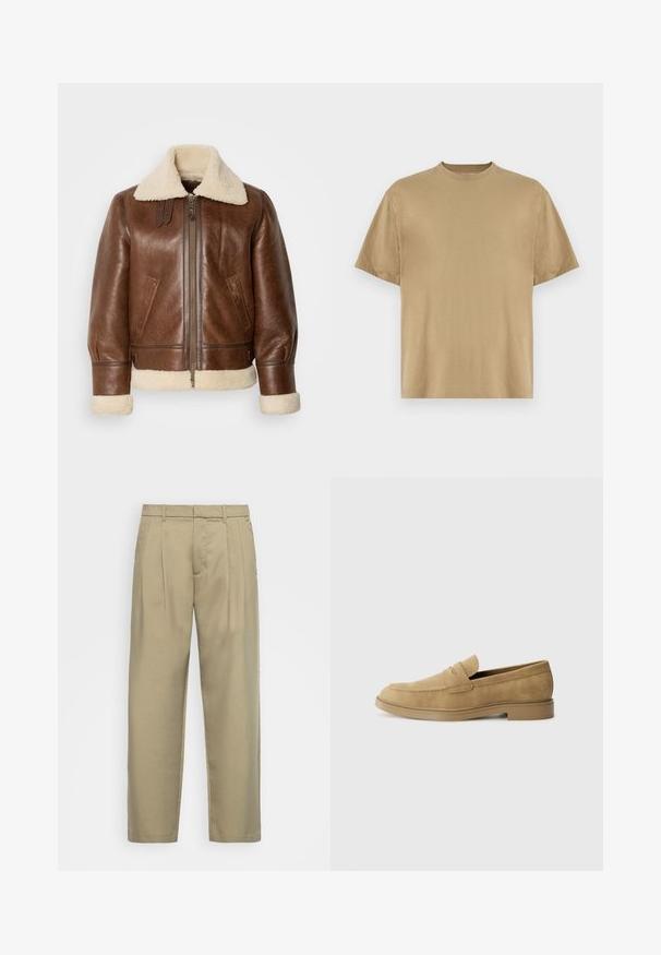 Bruine leren pilotenjack met een crèmekleurige schapenwollen kraag en manchetten. Voorzien van een ritssluiting aan de voorkant, zijzakken en gestructureerde schouders.; Khaki T-shirt met korte mouwen, gemaakt van zachte stof, met een ronde hals en een losse pasvorm. Geen patronen of graphics zichtbaar.; Beige, hoge taille broek met een rechte snit, voorzien van een platte voorkant, zijzakken en een gladde, gestructureerde stof.; Tan suède instappers met een ronde neus, lage blokhak en gestikte details op de bovenkant. Gladde textuur en minimalistisch ontwerp.