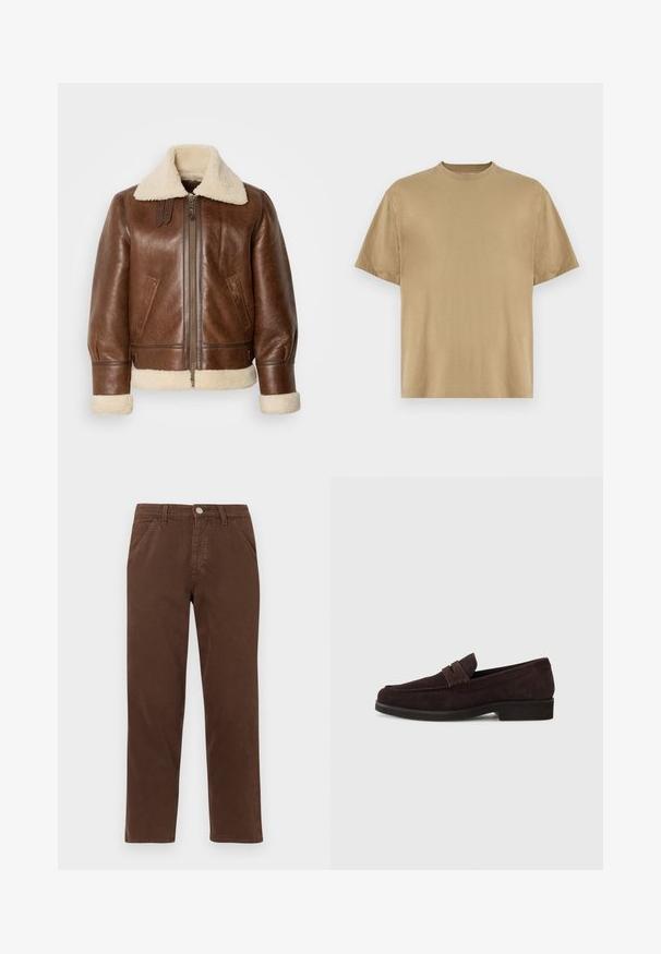 Ruda odinė aviacijos striukė su grietinėlės spalvos avikailio apykakle ir rankogaliais. Turi priekinį užtrauktuką, šonines kišenes ir struktūruotus pečius.; Kaki trumpas rankovėmis marškinėliai, pagaminti iš minkštos medžiagos, su apvaliu iškirpimu ir laisvu siluetu. Nėra matomų raštų ar grafikos.; Rudos medvilnės kelnės su tiesiomis kojomis, priekinėmis kišenėmis ir metaliniu mygtuko uždarymu. Savybės: sklandus tekstūra ir minimalus dizainas.; Rudos zomšiniai loaferiai su žemu profiliu ir apvaliu nosiu. Yra dekoratyvi juosta viršuje, plokščia gumos padas ir nematomi siūlai.