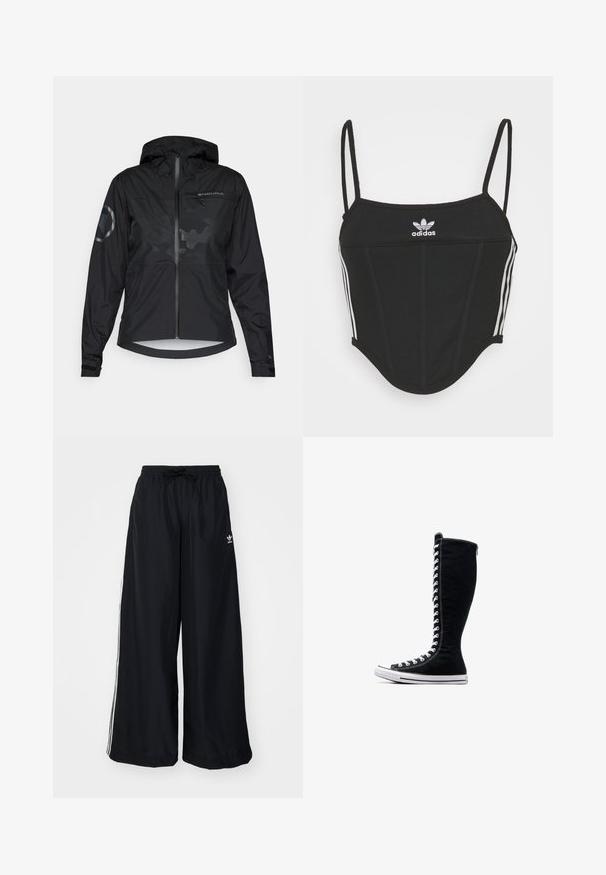 Casaco preto impermeável com capuz, fecho em zíper à frente e detalhes refletivos. Apresenta um acabamento mate e um padrão de camuflagem subtil. Mangas ajustáveis.; Top crop preto canelado com alças finas ajustáveis, apresentando três riscas brancas nas laterais e um pequeno logótipo branco da Adidas ao centro.; Calças largas pretas feitas de um tecido leve. Apresenta uma cintura elástica com cordão e riscas brancas laterais. Logótipo da marca na anca.; Tênis de cano alto pretos com um design alto, feitos de lona. Apresentam atacadores brancos, costura e uma sola de borracha com biqueira.