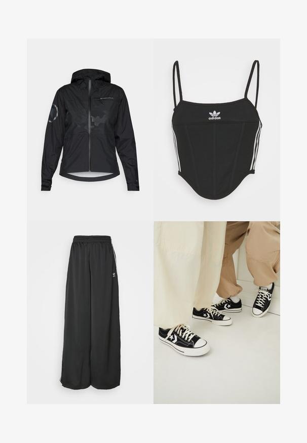 Black waterproof jacket with a hood, zip front, and reflective accents. Features a matte finish and subtle camo pattern. Adjustable cuffs.; Black ribbed crop top with adjustable thin straps, featuring three white stripes on the sides and a small white Adidas logo at the center.; Black loose-fitting track pants made of smooth fabric. Features an elastic waistband and side stripes with logo accents.; Black canvas sneakers with white rubber soles, featuring white star accents and black shoelaces, paired with light beige and cream pants.